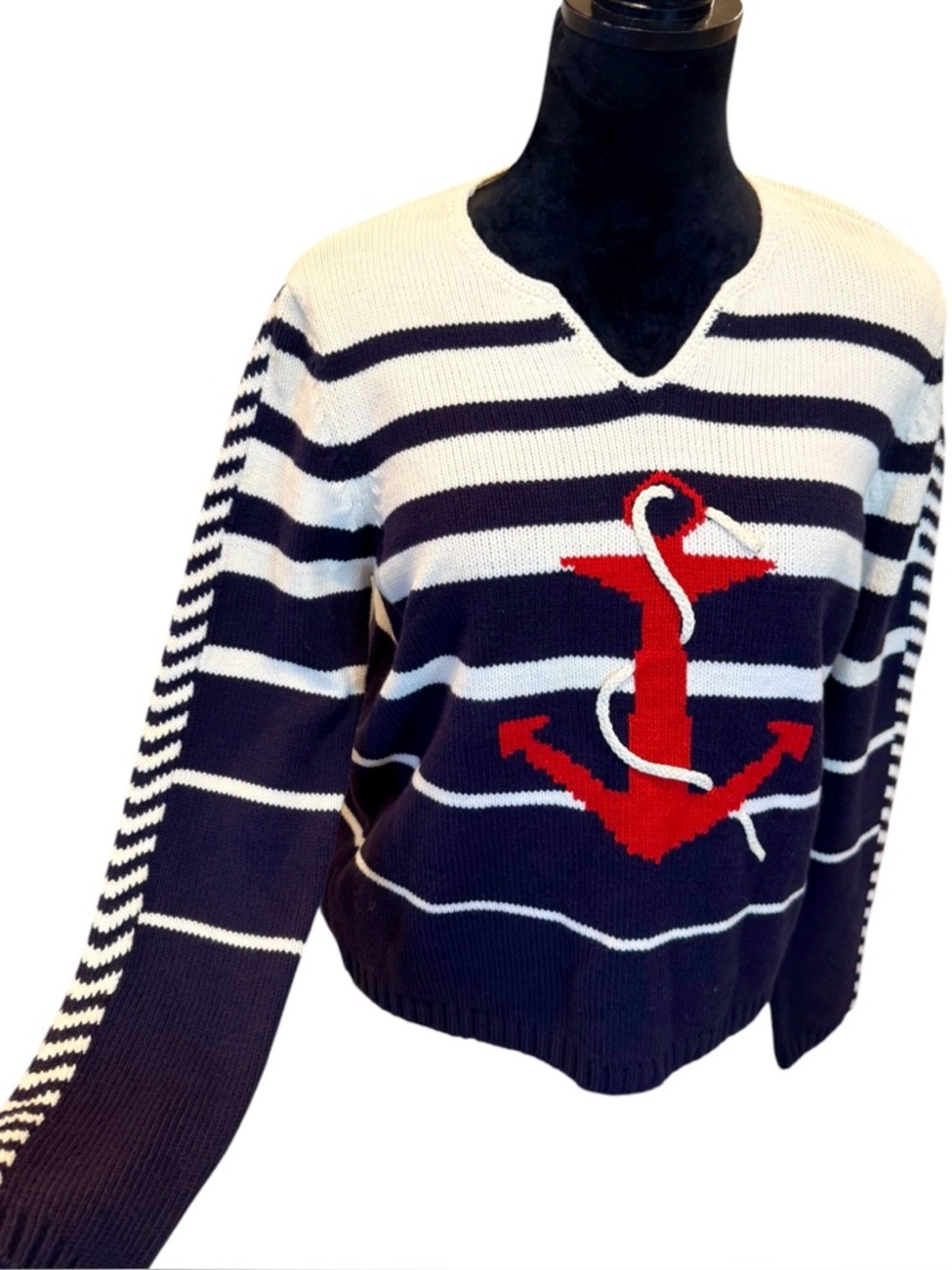 Vintage Nautical Knit Sweater Navy Red White Blue Anchor Liz Claiborne Large